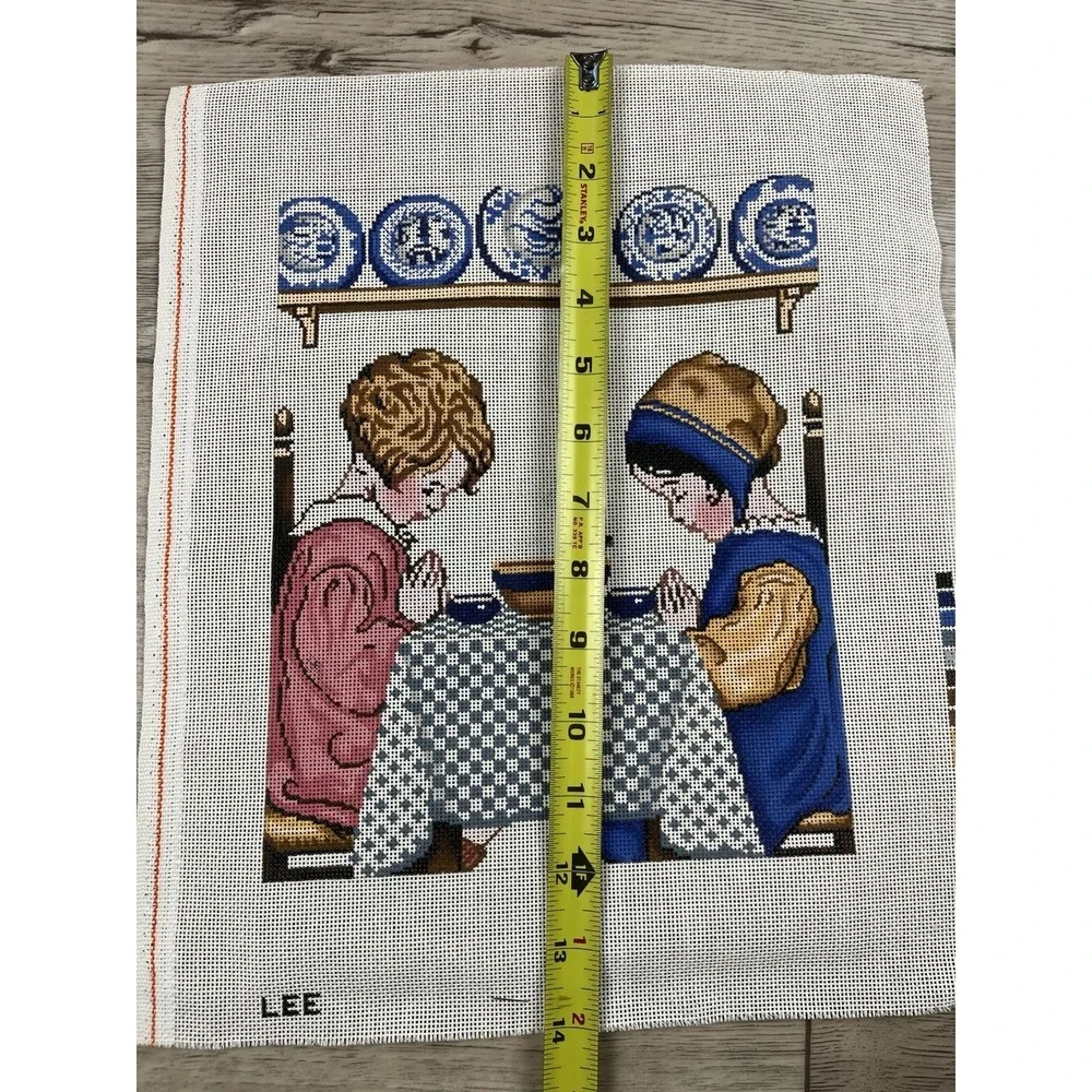 LEE Hand Painted Needlepoint Canvas Give Thanks Dinner Time Praying Girls 18ct